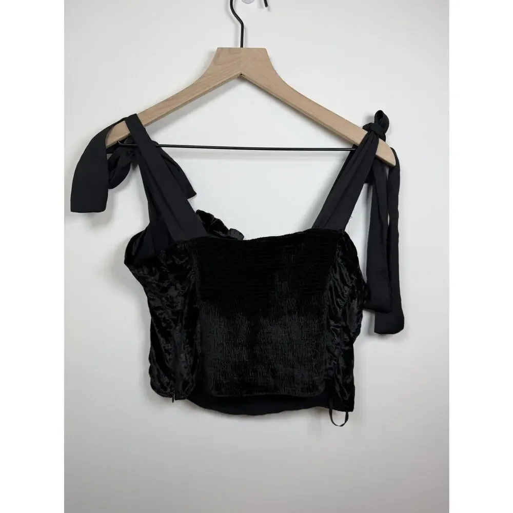 Free People Trapped In Your Love Tank Large Black Velvet Corset Bow Adjustable